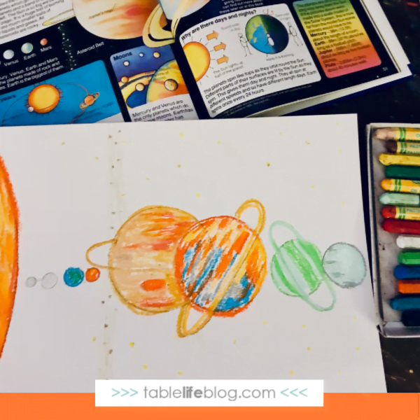 Solar System Art for Kids ~ Step 2: Color in planets and sun with oil pastels